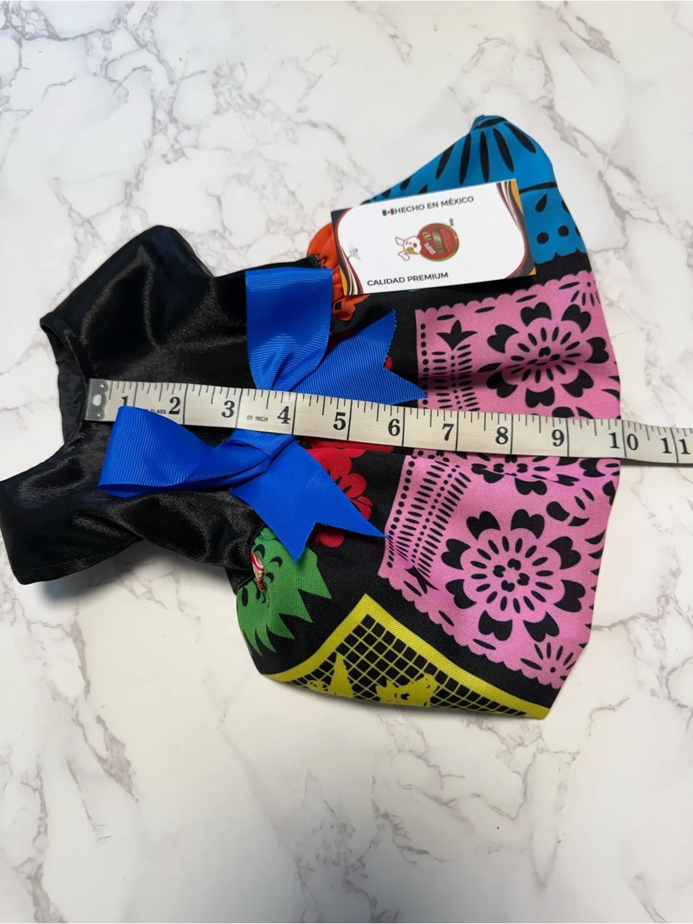 Pet Warrior Dog/ Cat PAPEL PICADO Custome Halloween Dress with Blue Bow.